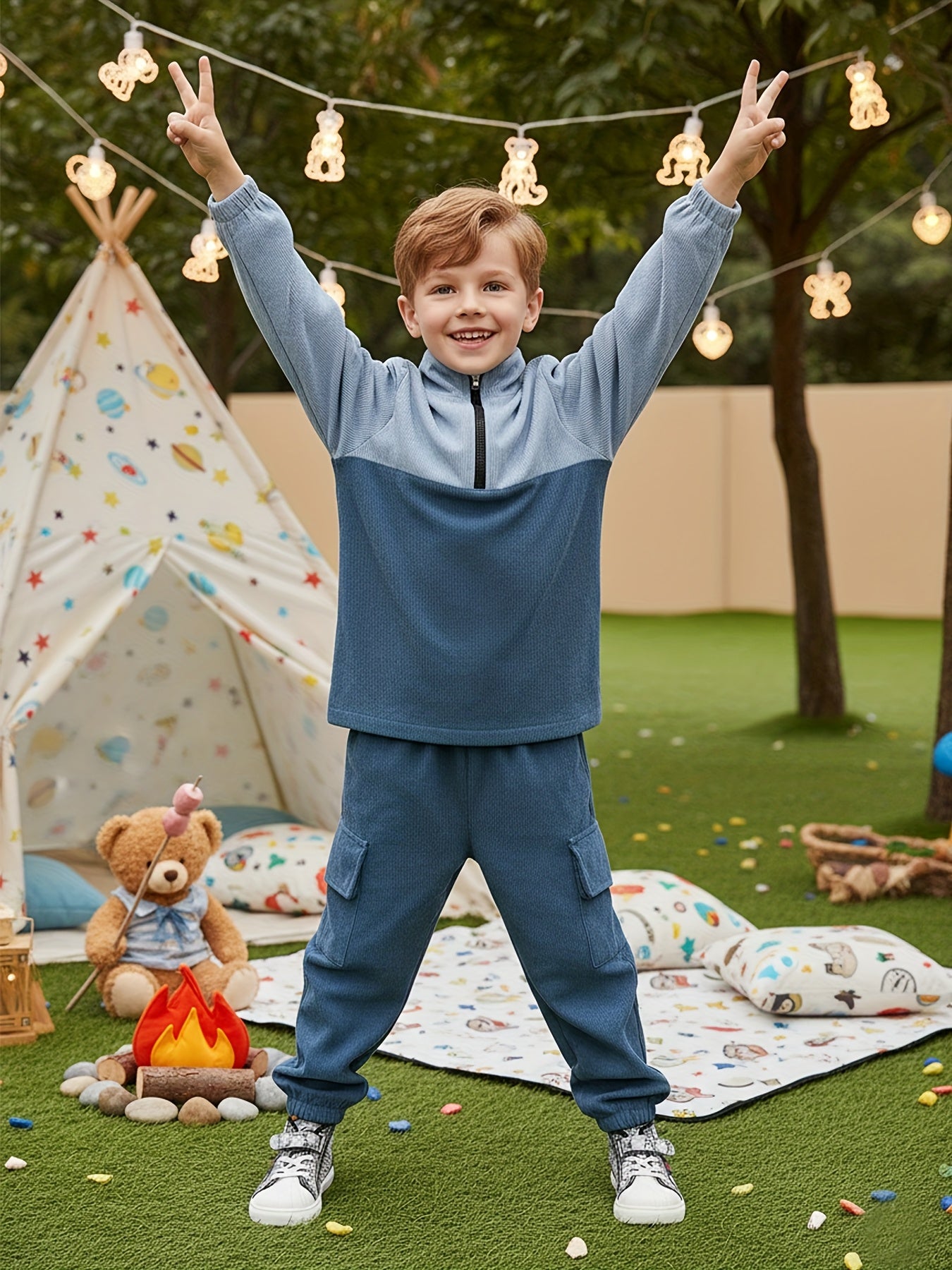 Conjunto em Cotelê – Sweatshirt com Fecho & Calças com Cintura Elástica