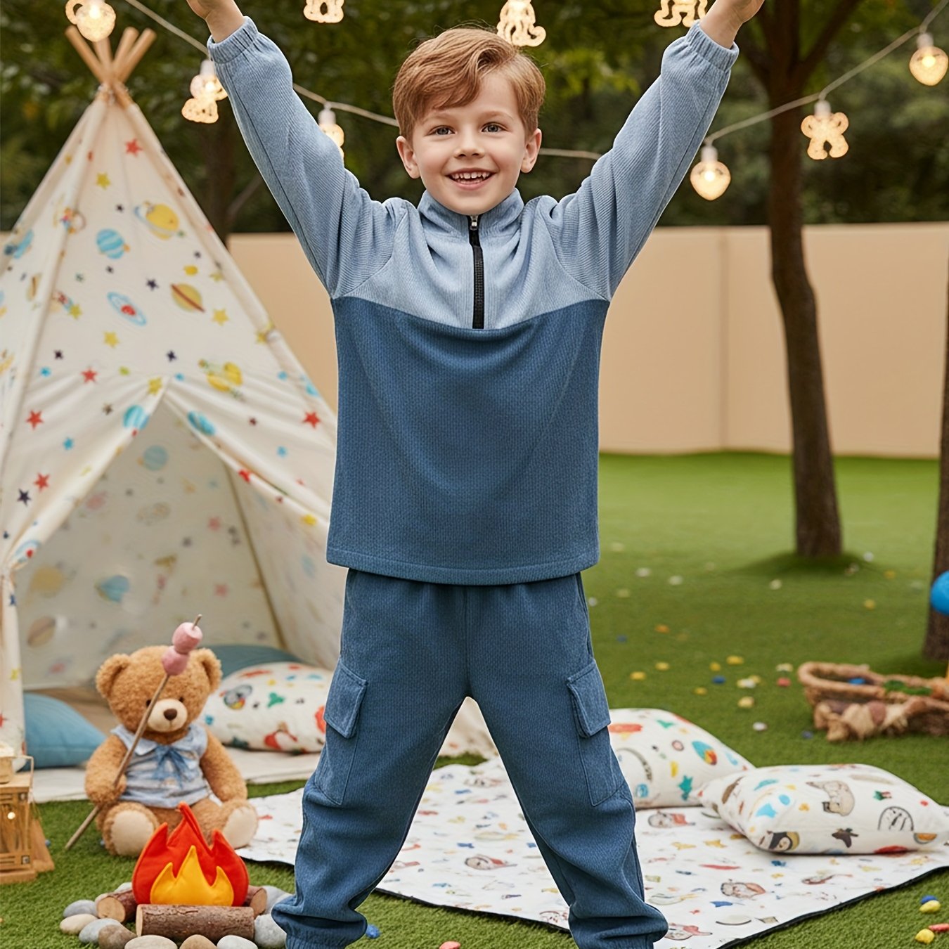 Conjunto em Cotelê – Sweatshirt com Fecho & Calças com Cintura Elástica
