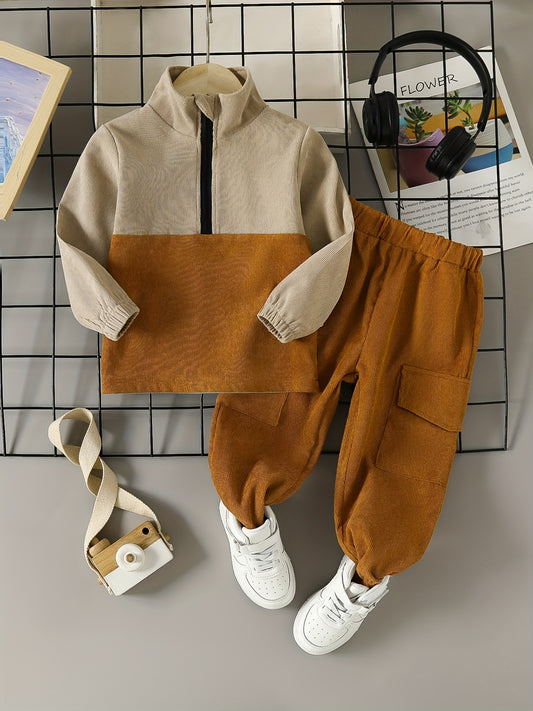 Conjunto em Cotelê – Sweatshirt com Fecho & Calças com Cintura Elástica